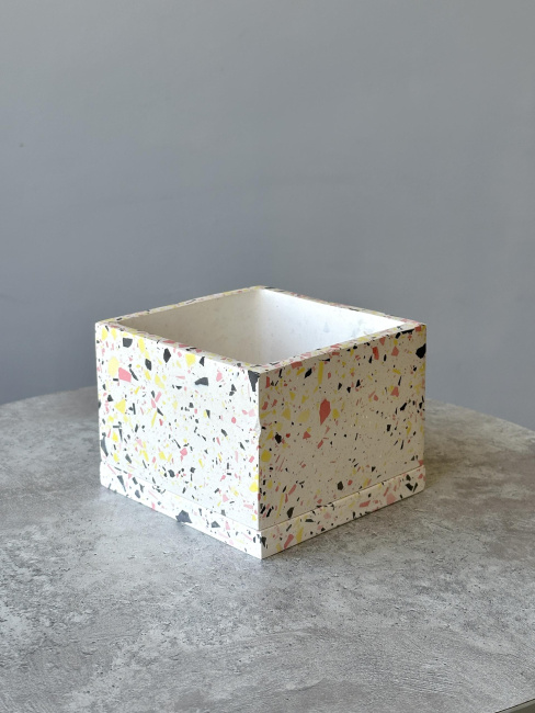 Горшок куб бетонный низкий (d12 / h9) мозайка